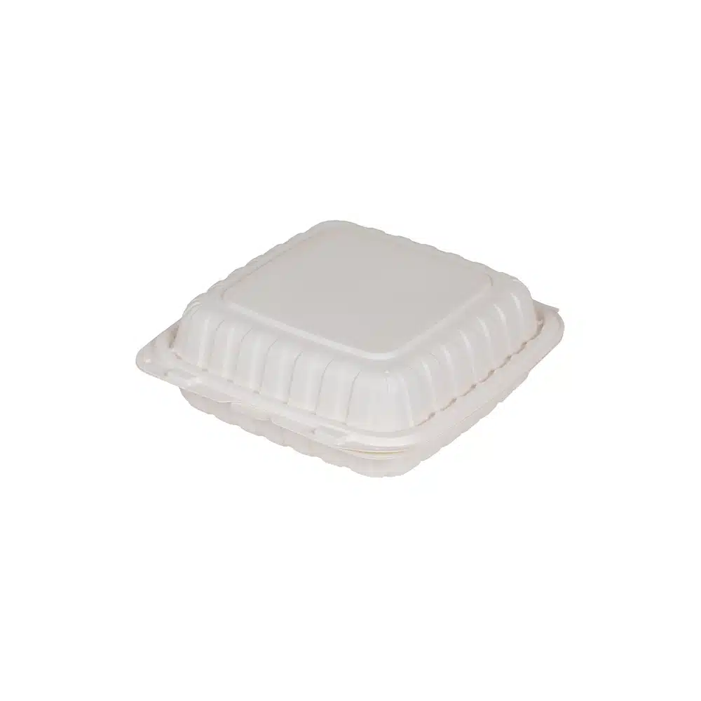 White compostable hinged takeout food container for restaurant delivery